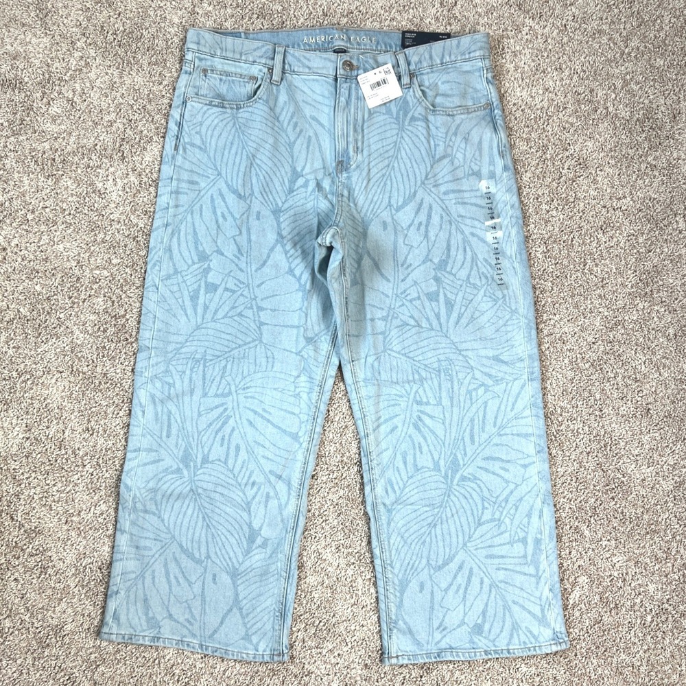 American Eagle Stovepipe Jeans Womens 16 Short Blue Tropical Leaf Stretch Denim